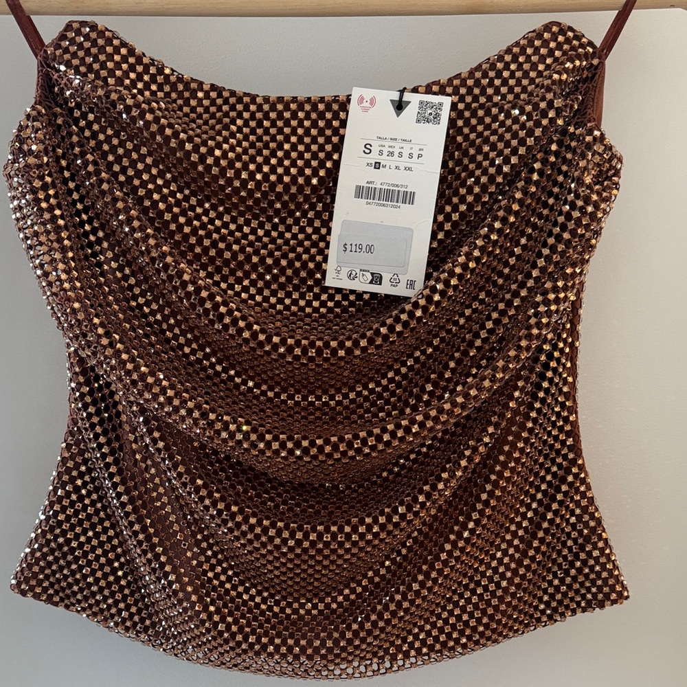 ZARA Copper/Brown Rhinestone Draped Bustier Top size Small